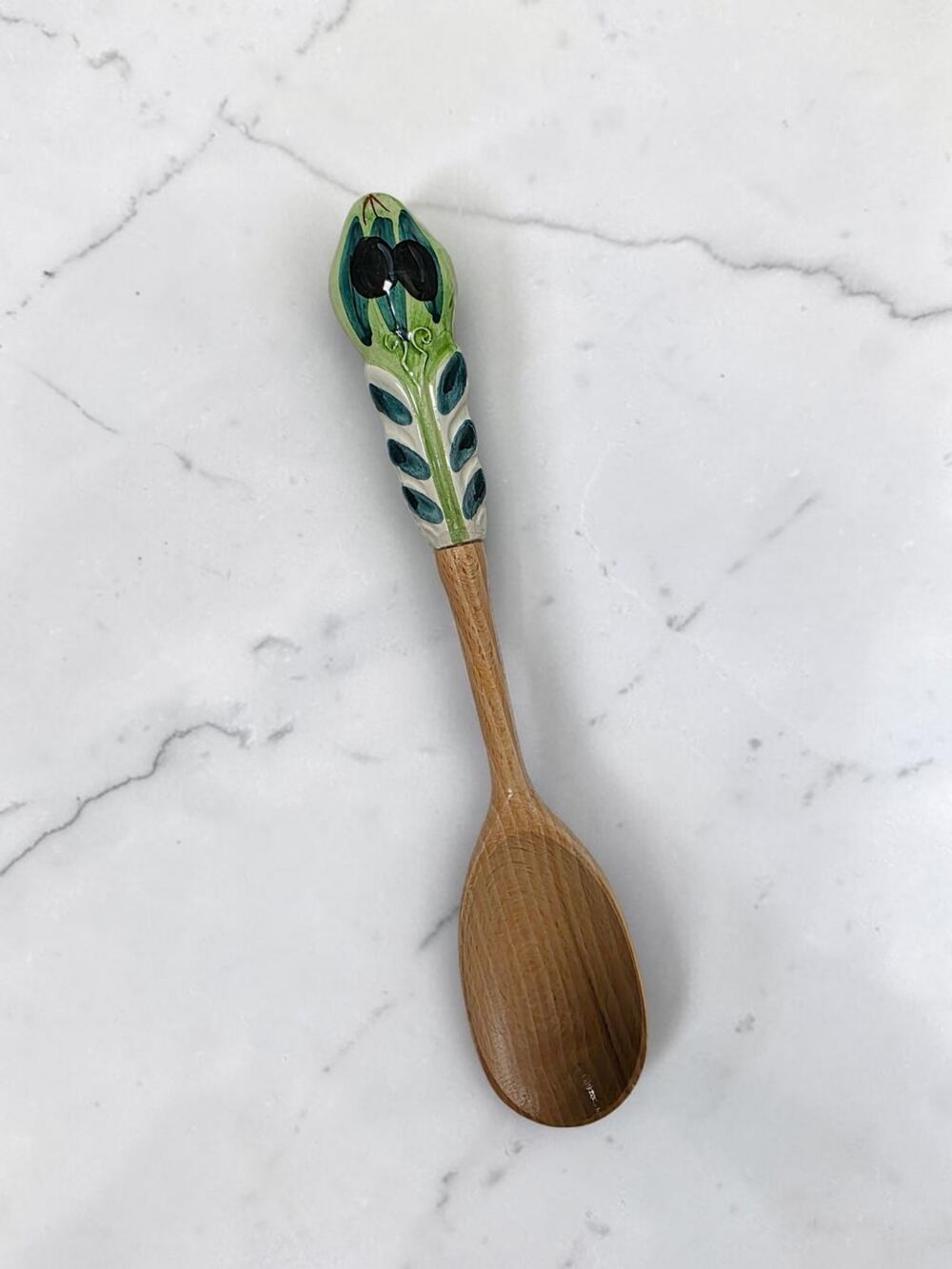 Hand Painted Ceramic Handle Wooden Spoon Olive Design Kitchen Decor